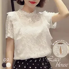 トップス 総レース ブラウス カットソー 半袖 ハイネック シースルー スカラッ