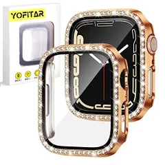 40mm_ローズゴールド YOFITAR for apple Watch ケース キラキラ ラインストーン アップルウォッチ用保護カバー ガラスフィルム 一体型40mm44mm series6SE54 レディース メンズ ジュエリー風 PC素材 全面保護 超薄