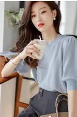トップス パフスリーブ 二の腕カバー 半袖ニット ニット Tシャツ 五分袖 カットソー 半袖 サマーニット シンプル 涼しい 冷房対策 きれいめ オフィス カジュアル 20代 30代 40代 cbrhxr13