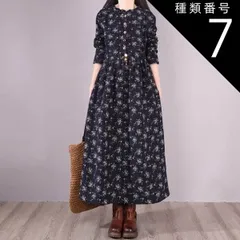 種類7：ブラウン/3XL ワンピース ワンピドレス 膝下 ロング ロング丈 袖あり 長袖 Vネック 襟なし Aライン ウエストゴム 綿 リネン かわいい 大人可愛い シンプル カジュアル 大人 おしゃれ お洒落 レトロ アジアン エスニック 大人女子 ラフ 柄