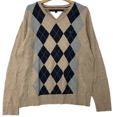 TOMMY HILFIGER トミーヒルフィガー セーター ニット アーガイル柄 Vネック 長袖 ワンポイント 刺繡 オーバーサイズ ビッグシルエット China製 Lサイズ ベージュ