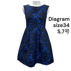 ◆ダイアグラム Diagram ワンピース 膝丈 ノースリーブ フレア 刺繍 青 綿 34、S、7号 レディース S5T353