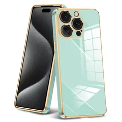 【新着商品】軽量 メッキ枠 薄型 ストラップホール付き 黄変防止 ワイヤレス充電対応 人気 透明 ソフト 頑丈 スリム 耐久 メッキ加工 アイフォン15 カメラレンズ保護ケース TPU プロ クリア 用カバー 耐衝撃 用ケース グリーン/ゴールド Pro JP