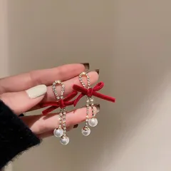 ベロア リボン ピアス ボルドー 蝶結び 貝パール CZダイヤ 大人可愛い レディース 上品 韓国風