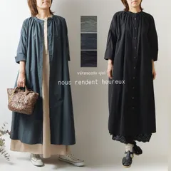 【新品】【nous rendent heureux ヌーランドオロー】コットン スタンドカラー ギャザー ワンピース(623183)レディース 秋 冬 春 ゆったり 体型カバー 大人可愛い コート 羽織 ナチュラル 服 おしゃれ 人気 30代 40代 50代
