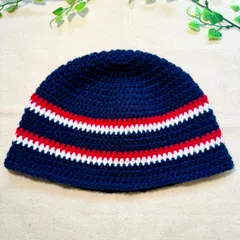 AW-8 秋冬用 クラッシャーハット アクリル バケットハット 男女兼用 ハンドメイド 手編み  クロシェハット  ネイビーXレッドXホワイト