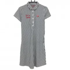 ルコックゴルフ 半袖ポロワンピース 白×ネイビー ストライプ ロゴ赤 レディース L ゴルフウェア le coq sportif