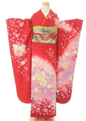 赤　振袖セット７点　上品　正絹　　成人式　帯　帯あげ　帯締め　Lサイズ　伝統