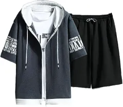 [エンプティオ] ストリート フルジップ 半袖 パーカー ハーフパンツ お洒落 上下セット メンズ セットアップ カッコいい ジャージ スポーツ スウェット ショートパンツ アウター 五部袖 部屋着 ジップアップ ジップ ジッパー付 [＃ダークグレー] [L]