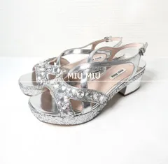 MIU MIU ミュウミュウ サイズ35 約22㎝ サンダル スパンコール ビジュー ラメ ストラップ ラインストーン オープントゥ ミドルヒール レザー シルバー色 レディース