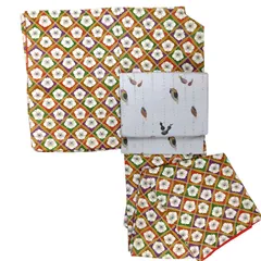 しつけ糸付き★　縮緬　リユース着物　小紋　袷　七宝に梅　カジュアル　リサイクル着物