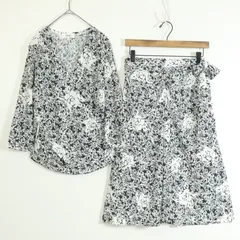 【美品】インゲボルグ★二点セット！カシュクールブラウス&フレアスカート サイズ9 黒×白系 花柄 z11747