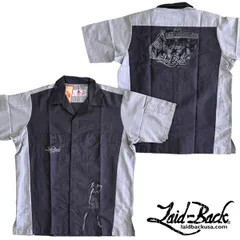 Laid-Back USA レイドバック ヴィンテージ ワークシャツ メンズ 半袖 ボーリングシャツ カスタムカー柄 ピンナップガール アメカジ USAデザイン クラシックカー グレー×ブラック 大きめサイズ カジュアル ファッション