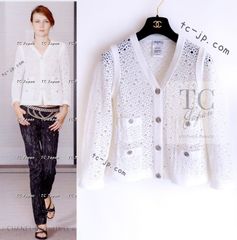 シャネル カーディガン CHANEL 41万 ホワイト コットン アイレット Vネック ニット カール・ラガーフェルド作品 超美品 38