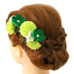 髪飾り 成人式 つまみ細工 振袖 前撮り 袴 浴衣 夏祭り 花火大会 豪華3点セット 緑 黄緑 白 ちりめん ヘアアクセ かんざし ヘ No.9-4129