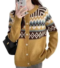 イエロー_M [1/2plus [ニブンノイチプラス カーディガン ノルディック 柄 長袖 羽織り 前開き トップス レディース (M, 黄色)