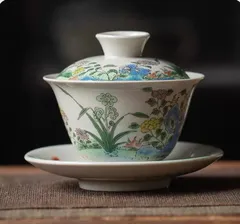 中国茶器　蓋碗　女性ぴったり　草木灰　百花争艶
