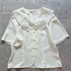 大きな刺繍襟 ホワイト レトロ 半袖 ブラウス 上品 可愛い ヴィンテージ感J2のサムネイル