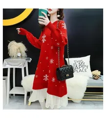 【レッド★Ｌサイズ】長袖 ひざ丈 ニット　ワンピース　Ａライン　体型カバー  ゆったり　大きめ