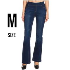 フレアデニムパンツ フレアジーンズ ベルボトムパンツ ブーツカット ハイウエスト ストレッチ ウエストゴム  Mサイズ　ダークブルー