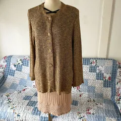 70-80s リネン混 ニットカーディガンジャケット ロング丈 昭和レトロ ヴィンテージ古着