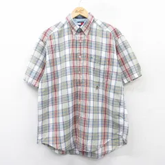 XL/古着 トミーヒルフィガー 半袖 ブランド シャツ メンズ 90s ワンポイントロゴ リネン ボタンダウン 白他 ホワイト チェック 25apr07 中