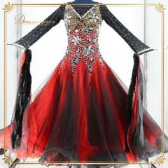 【社交ダンス衣装】レッド ワンピース ドレス 赤 黒 フリル レース 高級感 豪華 デモ 競技用 フロート ファー ふんわり 4枚重ね 女性用 おしゃれ コスチューム ファッション 競技会 イベント