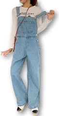kanaelun カナエルンデニム オーバーオール レディース オールインワン サロペット ジーンズ ゆったり ワイドパンツ 韓流 ポケット付き カジュアル 体型カバー 大きいサイズ カーブ 大きめ 着やせ( ライトブルー（ストレート）,  L)