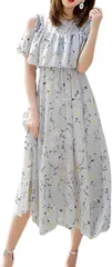 Four leaf 花柄ワンピース リゾートワンピース レディース 夏 可愛い 肩出し きれいめ ロング カジュアル 大きいサイズ 半袖 夏服 aライン ミモレ丈 上品 サマー ドレス エレガント ゆったり 旅行(グレー,  M)