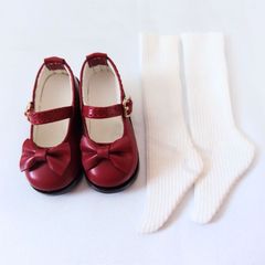 1/4ドール用シューズ 靴下 ソックス 厚底靴 40㎝ 人形用 BJD MDD MSD 赤色 レッド リボン ドルフィー スーパードルフィー 着せ替え 可愛い 球体関節人形 ドールシューズ ストラップシューズ ロリータ クラシカル 新品未使用 送料無料