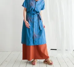 新品 未使用 タグ付き FIL DE FER フィルデフェール コットンVネックワンピース 総柄  半袖 ボタン 10-1-03-200-8-2-2-1 青 ブルー フリーサイズ レディース 夏 ゴーゴー古着マルイファミリー溝口店 23 No.有343