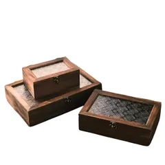 Azmio 小物入れ 蓋付き 木製 ジュエリーボックス アンティーク パターンガラス プレゼント (M 15.5cm×24cm) [並行輸入品] [M　15.5cm×24cm]