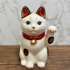 薬師窯 菊花 招き猫 左手上げ・赤 ・大 置物 縁起物 千客万来 開運招福 Yakushigama Maneki Neko Lucky Cat