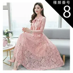 種類8：ブラック/M レースドレス ワンピース ワンピドレス 膝下 ミモレ ミモレ丈 ミディアム丈 袖あり 長袖 Vネック リボンタイ フレア Aライン レース 刺繍 透け感 大人可愛い きれいめ 大人 上品 おしゃれ お洒落 エレガント 存在感 花柄 春 秋