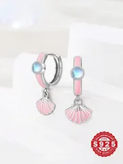 ジュエリー レディース イヤーアクセサリー 925スターリングシルバー製ピアス、オーシャンブルーサファイアとピンクシェルのペンダント付き、女性への贈り物セット、デイリー、カジュアル、旅行、パーティーに適しています