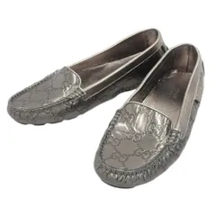 美品 グッチ GUCCI シマ GGエンボス メタリック レザー ローファー デッキ ドライビングシューズ 34 20.5-21cm ガンメタ レディース 旅