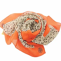 トリーバーチ TORY BURCH 大判 ストール マフラー ショール 総柄 ウール ロゴ ベージュ オレンジ 0324のサムネイル