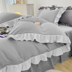 Color:ライトグレー_Size:シングル 布団カバーセット 寝具カバーセット 3点セット 4点セット フリル付き布団カバー 寝具カバー 洋式・和式兼用 ベッドカバー 掛け布団カバー ボックスシーツ 枕カバー シーツカバー 肌に優しい ピーチスキン加工 北欧