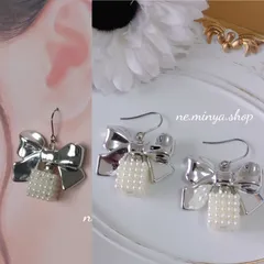 ♡サージカルステンレス アレルギー対応♡ハンドメイド アクセサリー メタルリボン ボックス型 パール ピアス♡073
