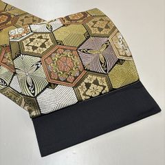 ★美品　袋帯　亀甲　古典文様　黒地　金★　r1011