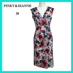 美品 PINKY＆DIANNE ピンキーアンドダイアン ワンピース ひざ丈 Vネック 袖なし ノースリーブ タイト エレガント レディース ピンク グレー 花柄 38