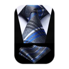 [Enlision] ビジネス ネクタイ チーフ シルク ブランド チェック おしゃれ 柄 セット メンズ 結婚式 就活 高級 グレー/ブルー