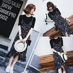 マキシワンピース レディース 夏 40代 きれいめ 上品 カジュアル 花柄 シフォン 半袖 ワンピース2点セット Tシャツ+フレアワンピース ロング丈 ロングワンピース#natur20172