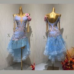 ピンクの社交ダンスラテンドレス 装飾付き 社交ダンスドレス・ラテンドレス・オーダーメイド対応（競技