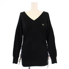 バーバリーブルーレーベル BURBERRY BLUE LABEL ニット セーター 長袖 Vネック ロゴ刺繍 ノバチェック リボン 38 黒 FB508-193-09 /BM