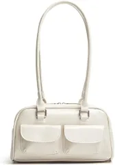 HARGIO(ハルジオ) ダブルポケット ミニボストンバッグ 横長バッグ レディース ショルダーバッグ 小さめ バゲットバッグ トートバッグ 肩掛け 横長ボストン 幅広 トレンド おしゃれ 可愛い(ホワイト,  Free Size)