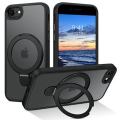 DUEDUE iPhone SE ケース 第2世代 第3世代 MagSafe対応 iPhone8/7 ケース マグネット搭載 リングスタンド機能 120°開閉可能 ブラック 半透明デザイン 指紋防止 耐衝撃 一体型 薄型 TPUケース 車載ホルダー対応 ワイヤ