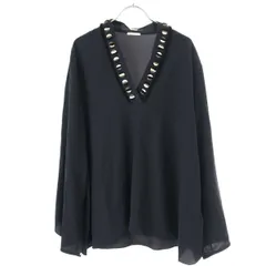 HERMES エルメス 2018 Resort エンブロイダリーVネックプルオーバーブラウス  ネイビー 42