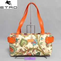 美品★ETRO ペイズリー キャンバス レザー セミショルダー ハンドバッグ オレンジ エトロ★