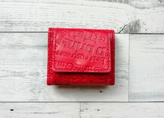 本革ミニ３つ折り財布（英字型押しレッド） 手のひらサイズ 革小物 小銭入れ レザークラフト レザーウォレット